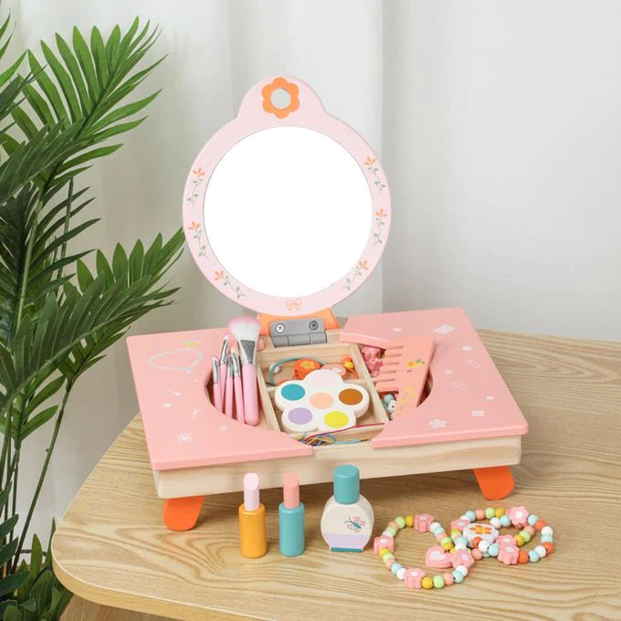 Wooden Folding Dressing Table, Mirror, and Accessories