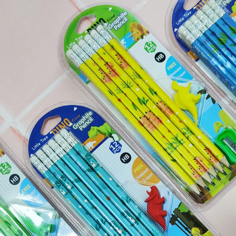 Dinosaur theme pencil set with shapener and eraser (random color)