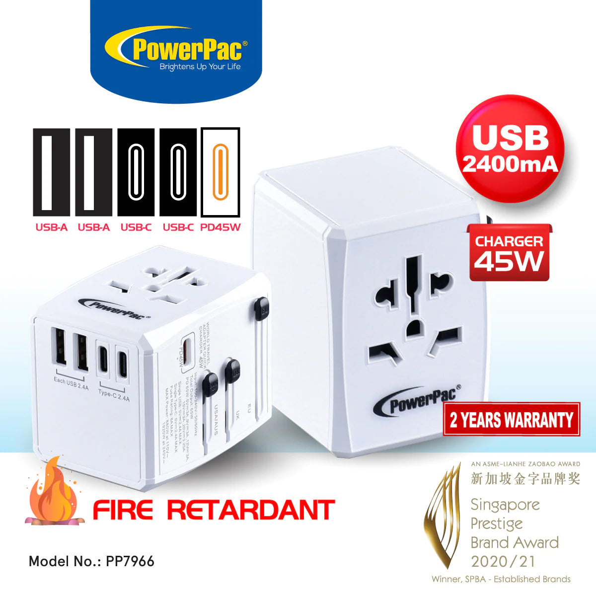 PowerPac Travel Adapter 2A+3C USB 45Watts PP7966