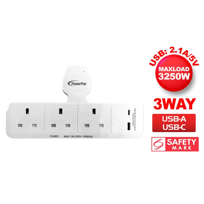 PowerPac 3 Way Socket with 1x USB-A+ 1x USB-C