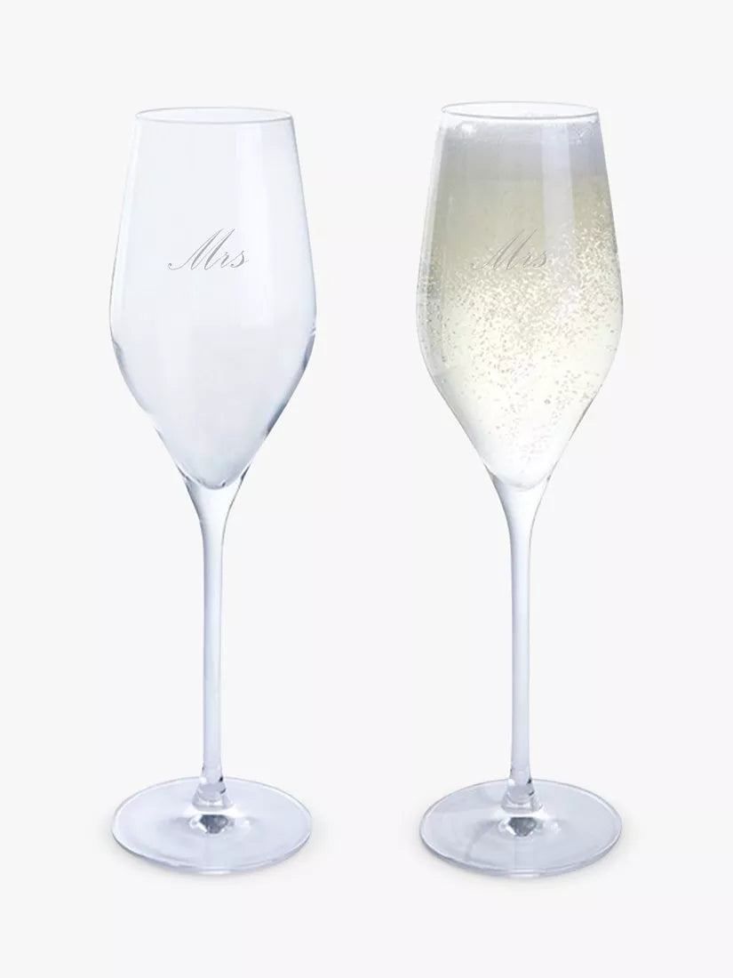 Dartington Crystal Wine & Bar Mrs & Mrs Engraved Prosecco Glass Flutes, Set of 2, 260ml, Clear