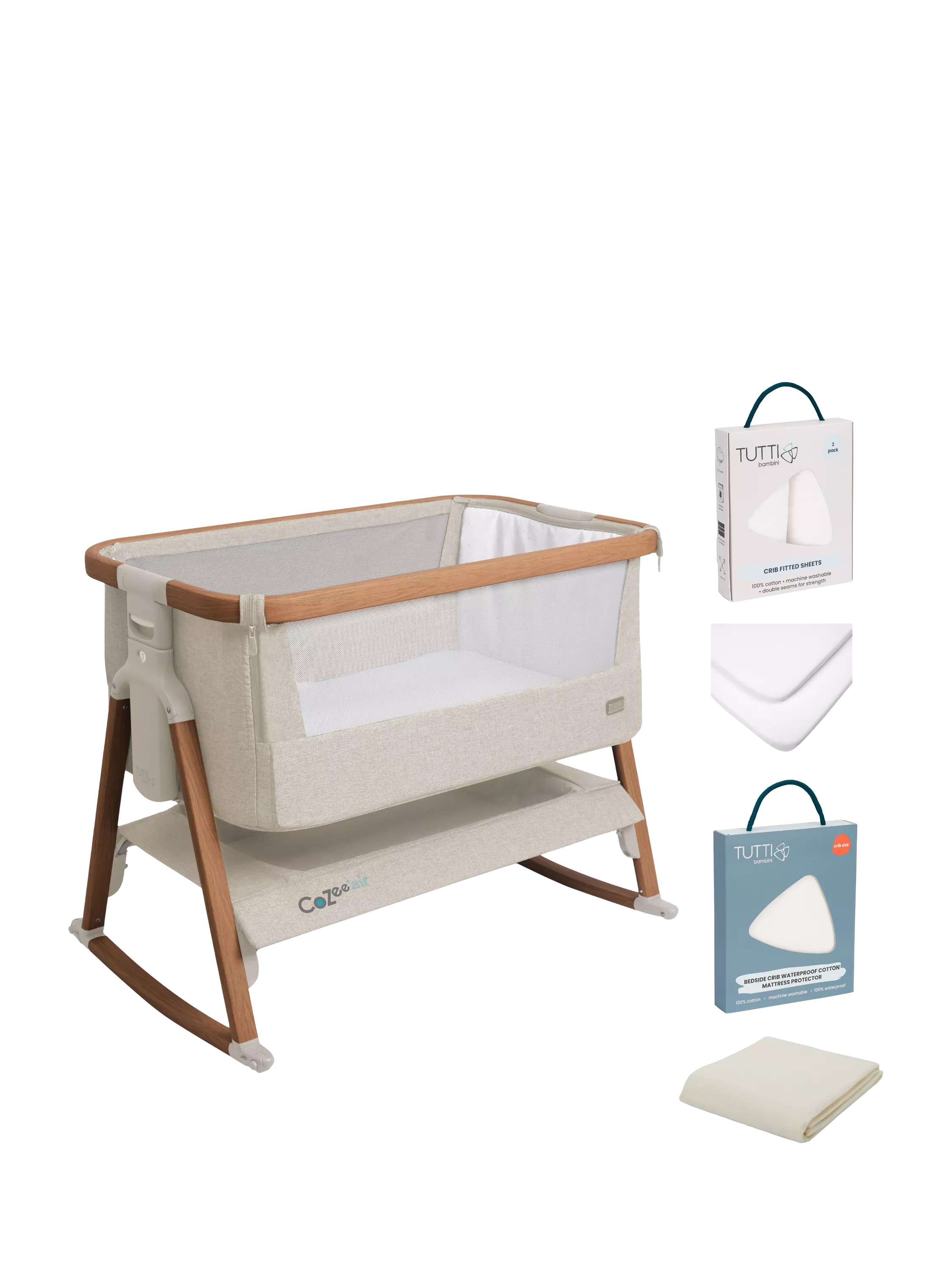 Tutti Bambini CoZee Air Bedside Crib Essential Starter Bundle, Scandi Walnut/Ecru