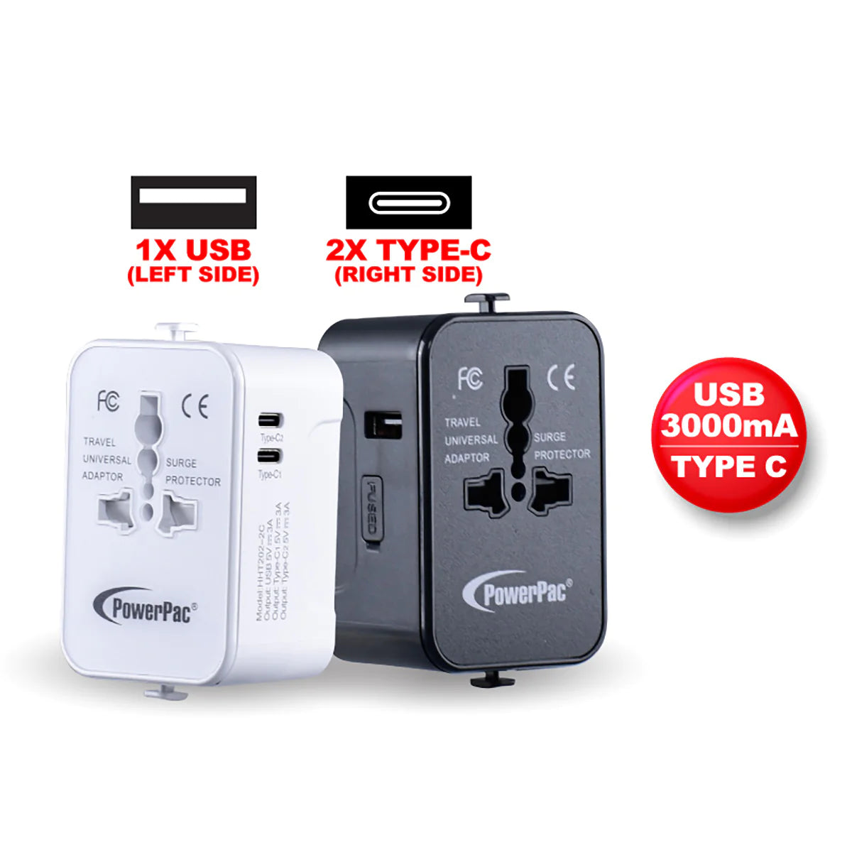 PowerPac Travel Adapter 2Type C & 1A USB- Black / White