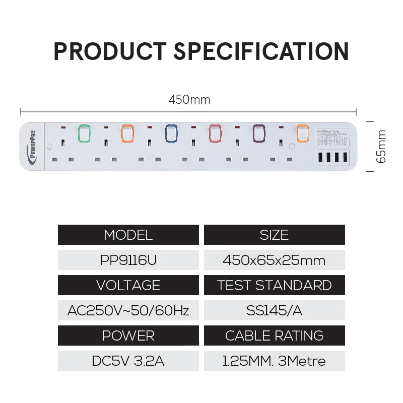 PowerPac 6 Way Extension socket with 4XUSB 3.2A