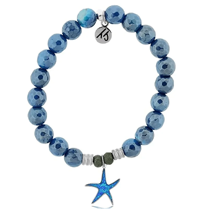 T. Jazelle : Blue Agate Stone Bracelet with Star of the Sea Sterling Silver Charm